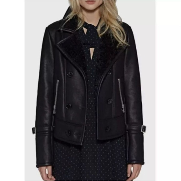 Avec Les Filles $198 Black Faux Leather Moto Shearling Jacket New - Picture 2 of 8